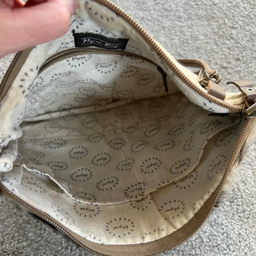 Myra Bag Crossbody Bag Cream Brown Hair-on Hide Canvas Western Boho dual‎ strap